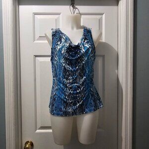 Calvin Klein Sleeveless Blue Snakeskin Blouse – Draped Neck, Stretch Fit